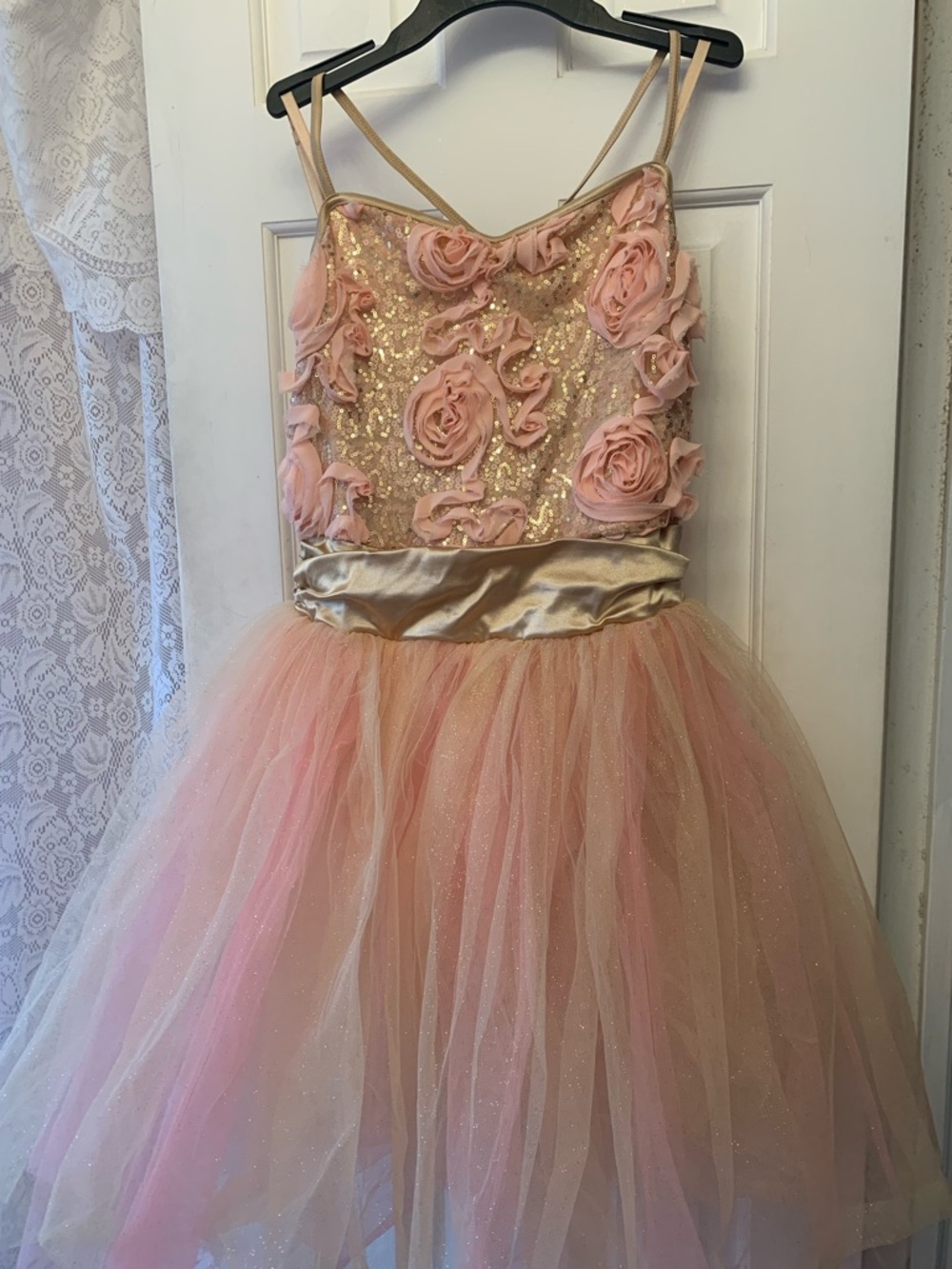 Adult large Peach Pink Gold Floral & sequins ballet costume with Satin Waistband